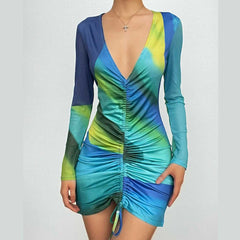 Contrast print drawstring long sleeve v neck ruched mini dress