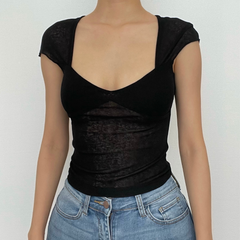 V neck hollow out knotted short sleeve low cut backless crop top