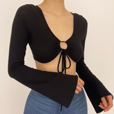 Ribbed drawstring self tie v neck flared long sleeve crop top