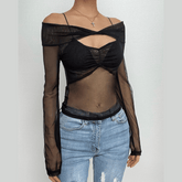 Mesh off shoulder hollow out long sleeve sheer mesh see through top