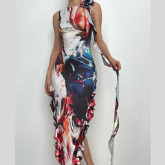 Ribbon sleeveless flower applique contrast print maxi dress