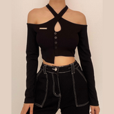 Cross front hollow out off shoulder button long sleeve crop top