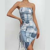 Denim print irregular ruched backless contrast tube mini dress