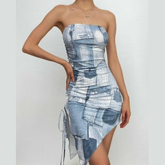 Denim print irregular ruched backless contrast tube mini dress