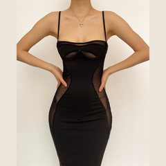 Low Cut Mesh See Through Patchwork Cami midi Dress