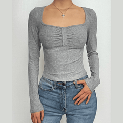 Square neck solid long sleeve ruched top