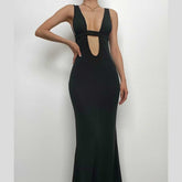 Sleeveless low cut hollow out solid backless maxi dress
