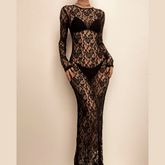 Lace see through long sleeve solid crewneck maxi dress