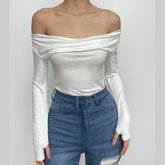 Long sleeve off shoulder ruched solid gloves top