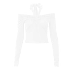 Long sleeve off shoulder halter ruched backless solid hollow out top