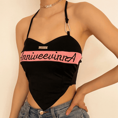 Heart neck letter embroidered halter top