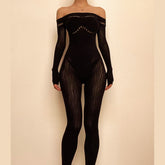 PRE ORDER - Hollow out off shoulder fishnet long sleeve solid jumpsuit