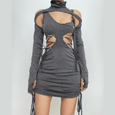 Lace up hollow out turtle neck irregular drawstring shrug mini dress