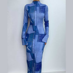 Denim print long sleeve high neck stitch contrast slit maxi dress