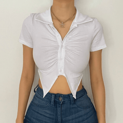 Turnover collar buttoned solid crop top