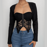 Lace button long sleeve solid shrug 2 piece crop top