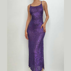 Glitter u neck see through backless cami maxi dress