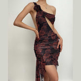 One shoulder ruffle flower print hollow out irregular slit midi dress