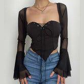 Mesh solid flared sleeve self tie corset shrug 2 piece top