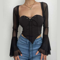 Mesh solid flared sleeve self tie corset shrug 2 piece top
