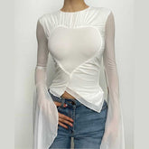 Flared sleeve heart patchwork ruched mesh solid top