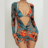 Mesh drawstring contrast print long sleeve halter 3 piece swimwear