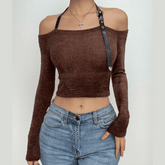Fluffy halter PU leather buckle off shoulder long sleeve crop top