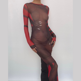 Long sleeve contrast sheer mesh see through midi dress