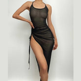 Halter drawstring sheer mesh see through slit backless maxi dress