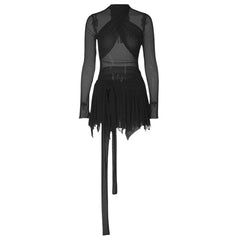 Long sleeve ruffle ruched cross front halter sheer mesh mini dress