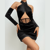 Halter backless velvet gloves hollow out ruched solid mini dress