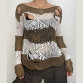 Crochet striped hollow out long sleeve top