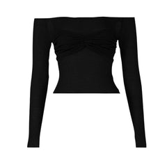 Long sleeve backless off shoulder ruched solid top