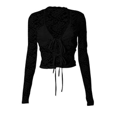 Long sleeve v neck lace self tie solid crop top