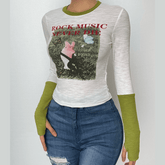 Ribbed contrast abstract gloves patchwork long sleeve top