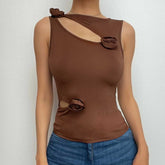 Hollow out crewneck sleeveless flower applique solid top - Final Sale