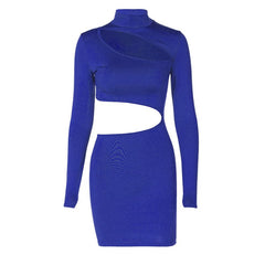 Long sleeve high neck hollow out irregular solid mini dress