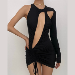 Ruched drawstring irregular solid one shoulder hollow out mini dress