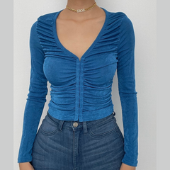 Solid long sleeve v neck ruched button crop top