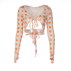 Polka dot print contrast hollow out self tie gloves long sleeve crop top