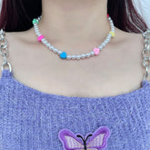 Faux pearl heart beaded multicolor clay necklace