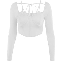 Solid long sleeve backless self tie bustier crop top