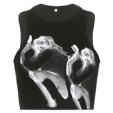 Sleeveless crewneck abstract contrast print crop top