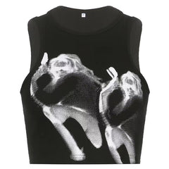 Sleeveless crewneck abstract contrast print crop top