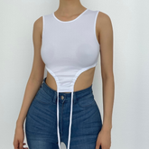 Crewneck sleeveless strappy solid self tie crop top