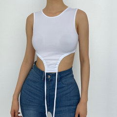 Crewneck sleeveless strappy solid self tie crop top