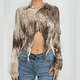 Turnover collar textured button tie dye long sleeve crop top