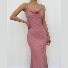 Sleeveless solid ribbed cowl neck backless ruffle maxi dress