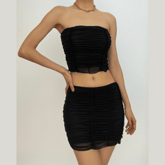 Sleeveless solid mesh textured backless mini skirt set