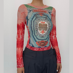 PRE ORDER - Long sleeve crewneck contrast abstract mesh top